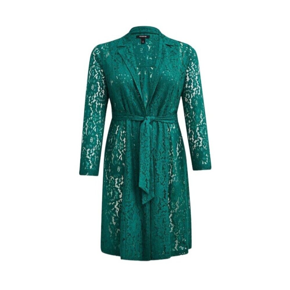 Torrid Floral Lace Trench Coat Duster Cardigan Size 4 / 4X Kelley Green Jacket - Picture 4 of 16